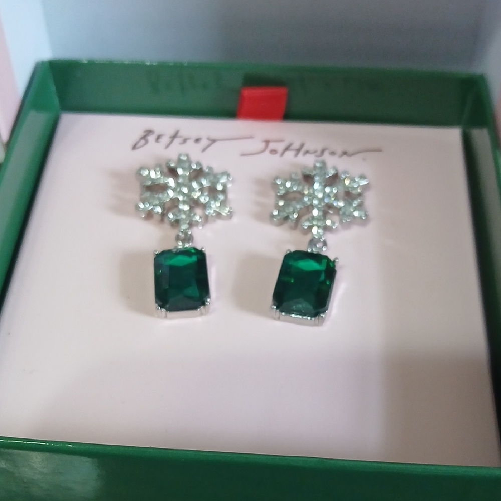 Betsey Johnson Emerald Green and Silver Drop Earrings